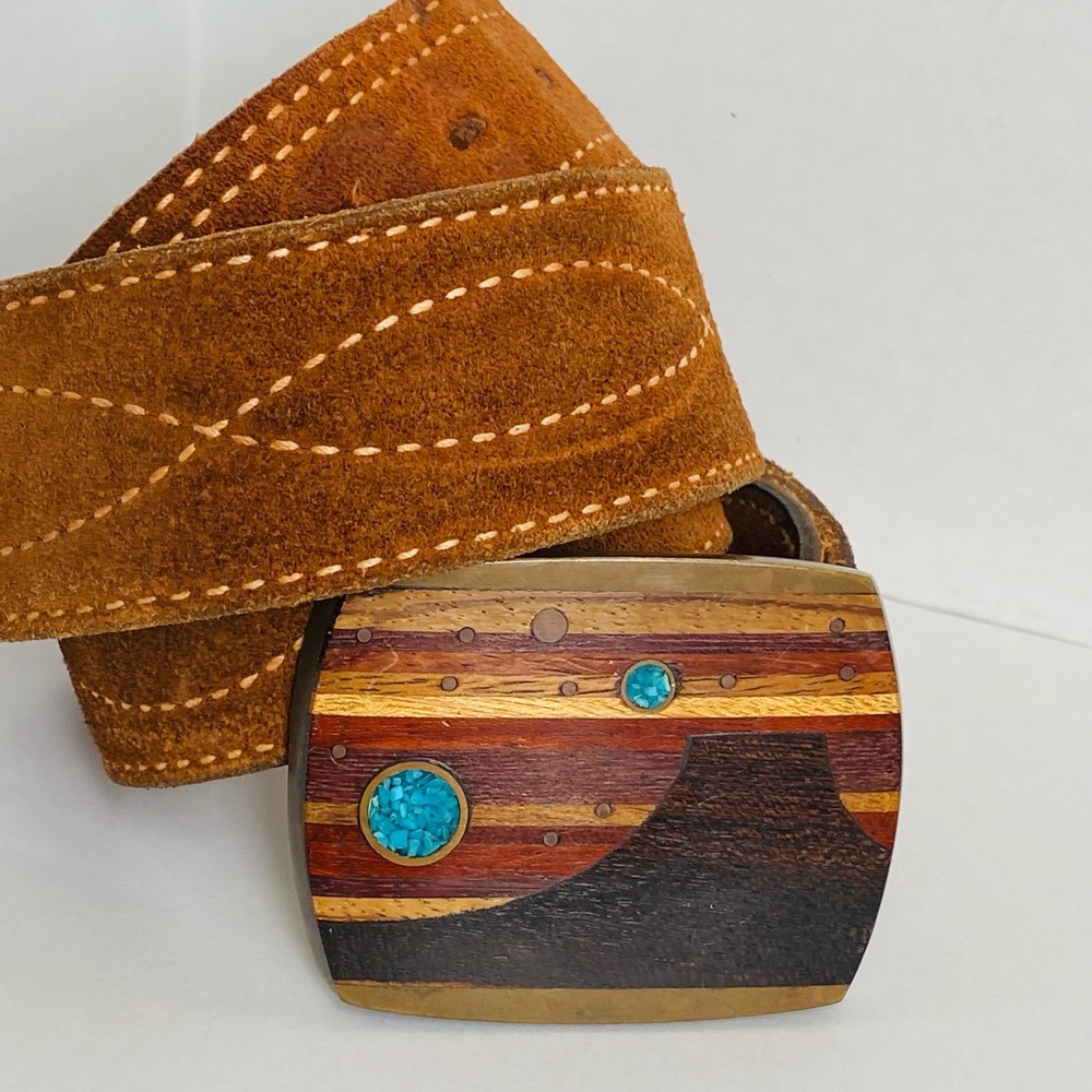 D.S. Solid Bronze Wooden Inlay Belt Buckle Vintage size 34